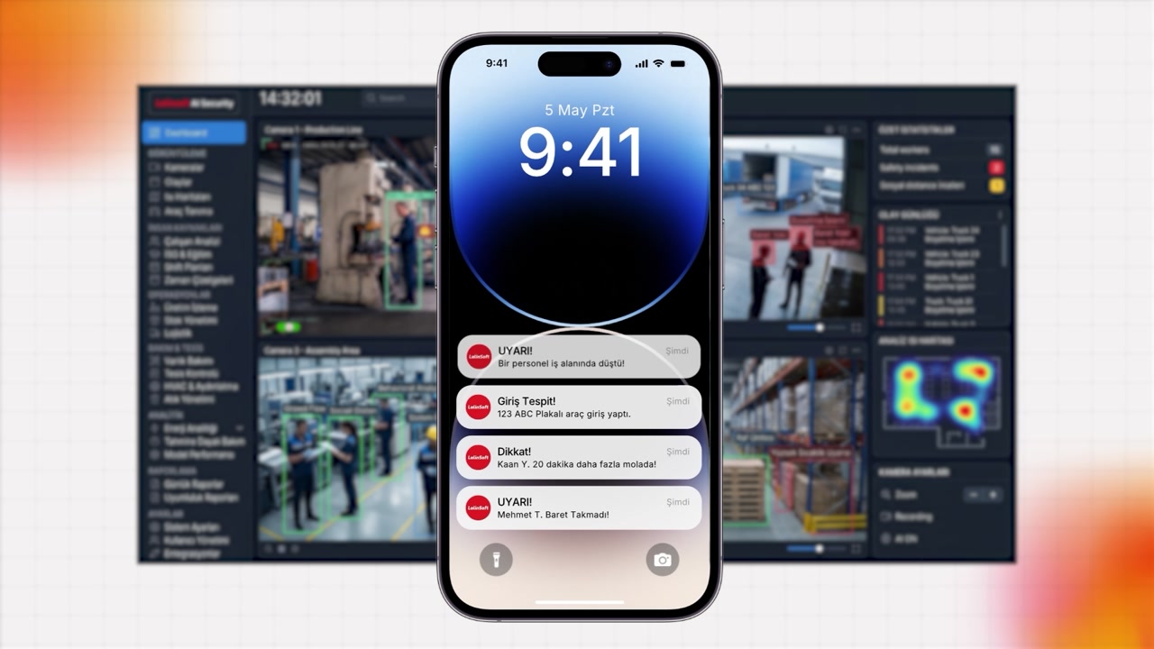 Mobil bildirimler — iş güvenliği uyarısı, plakalı araç girişi ve mola aşımı bildirimleri telefon ekranında.
